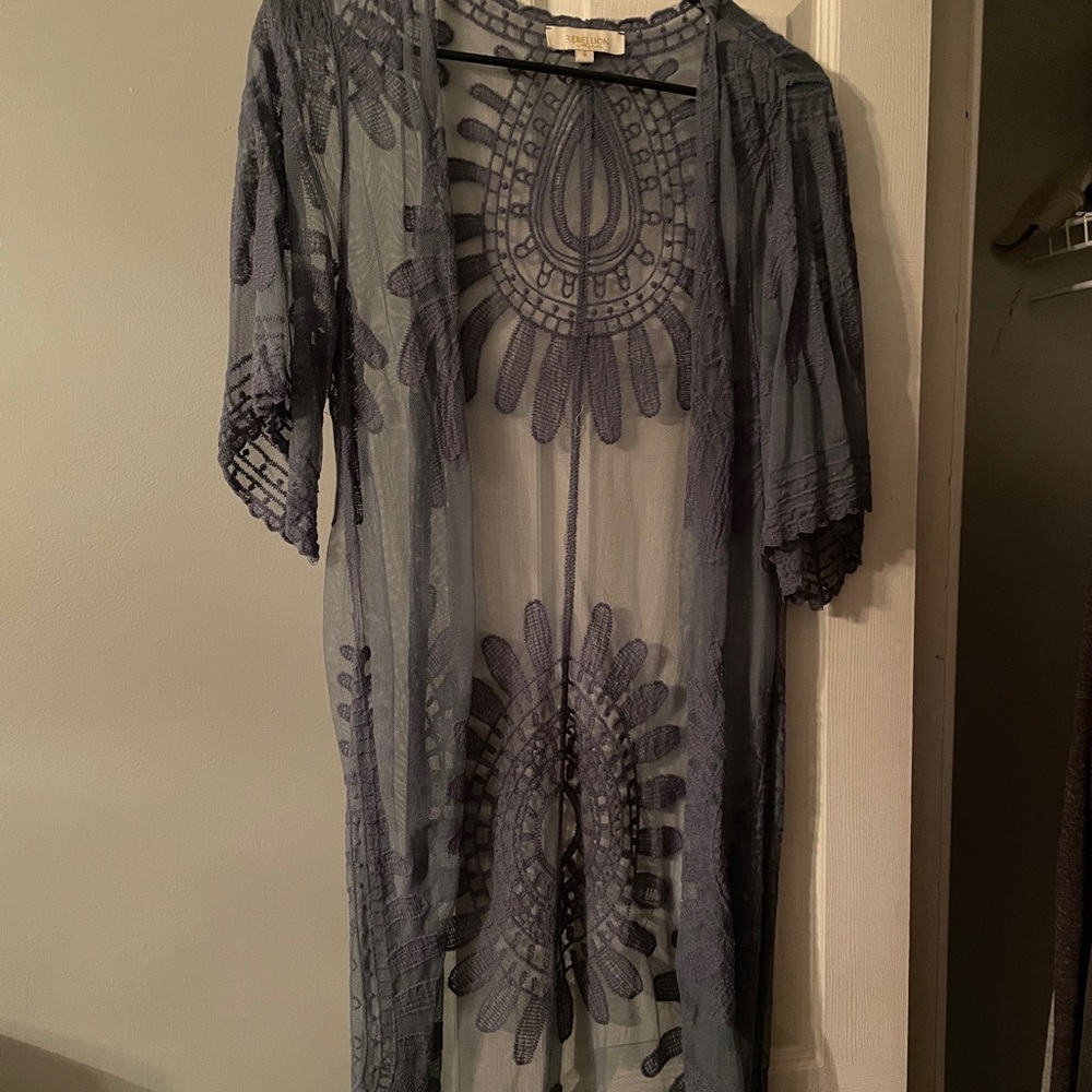 Anthropologie Sheer Embroidered Kimono - Navy